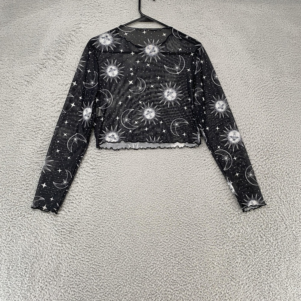 Y2K Mesh Crop T-Shirt Womens XL Black Celestial Moon Sun Sheer Top Whimsical - Picture 9 of 13